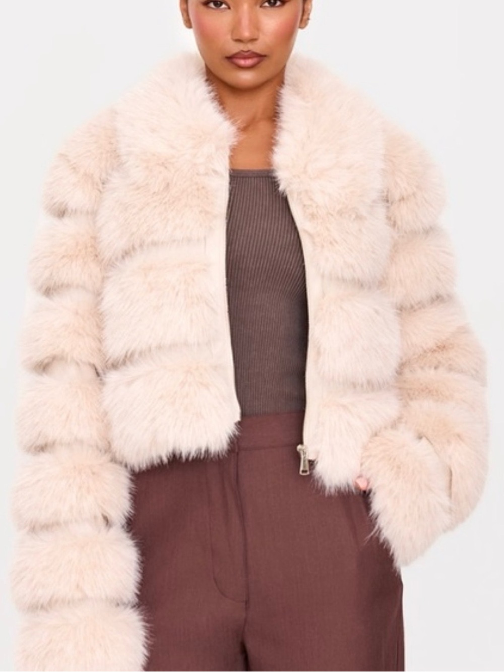 PrettyLittleThing Mushroom Plush Bubble Faux Fur Zip Up Jacket size XL